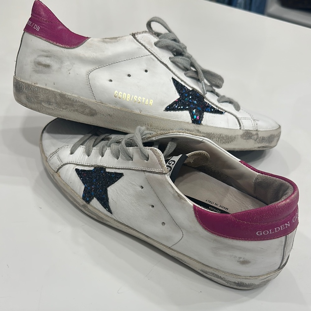 Golden Goose White Sneakers with Pink Heel and Black Star